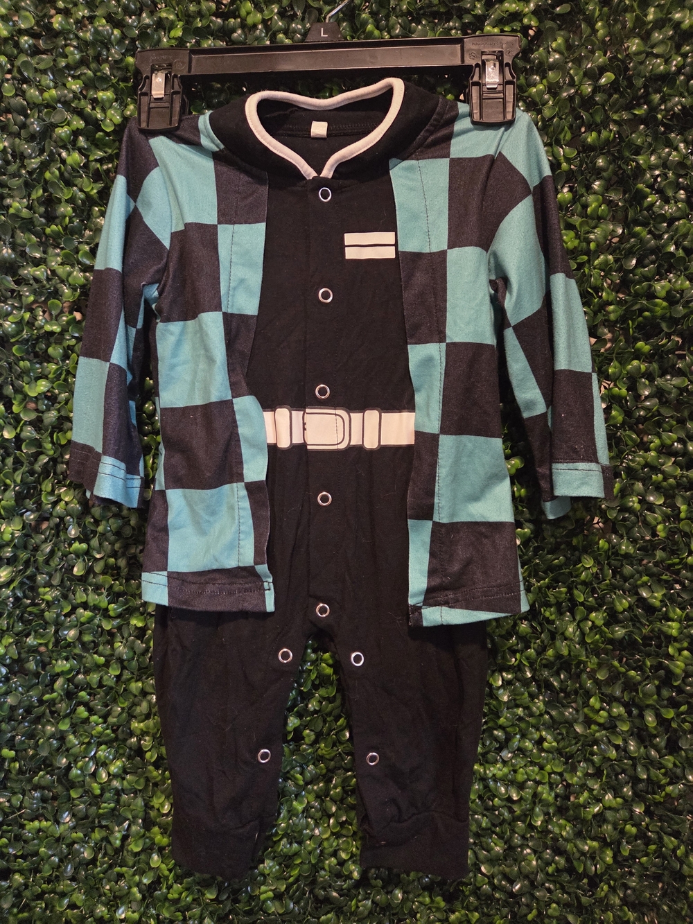 Teal & Black Checkerboard Baby Romper with Printed Belt